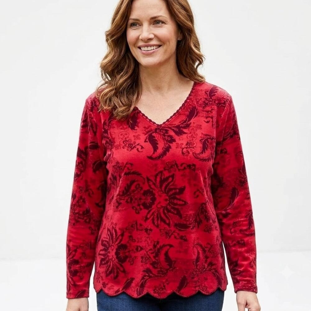 Coldwater Creek Paisley Plush Sweatshirt Womens XL Red V-Neck Soft Loungewear